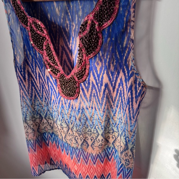 Studio Y Women Tank Size XL Blue Beaded Cut V-Neck Boho Keyhole Back Top Sheer - Picture 13 of 14